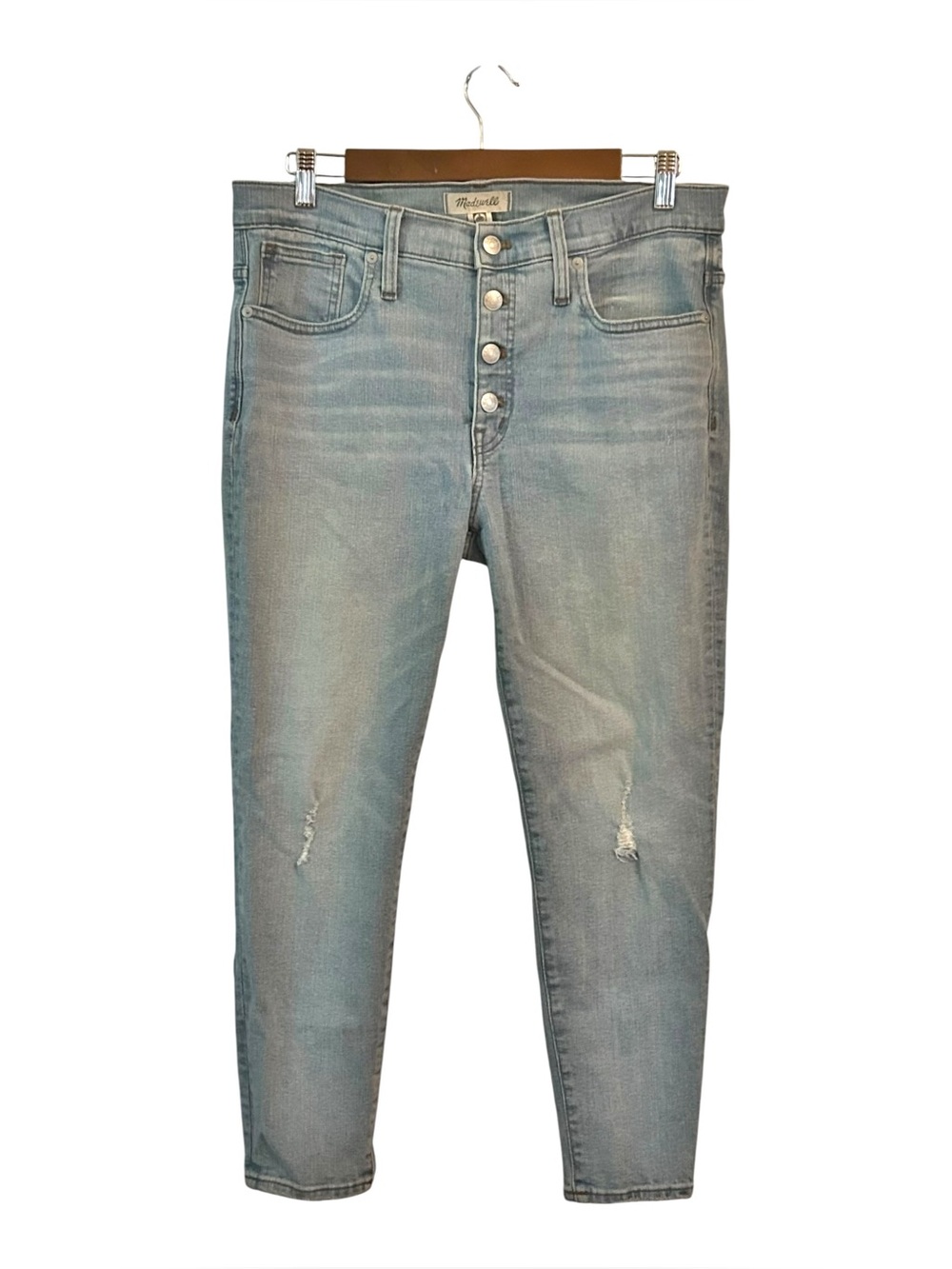 Madewell 9” High-Rise Skinny Crop Distressed Jeans in‎ a light wash denim SZ 31